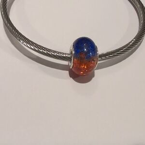 Silver Two Tone "Crushed Glass" Blue and Orange Charm for Pandora Style Bracelet